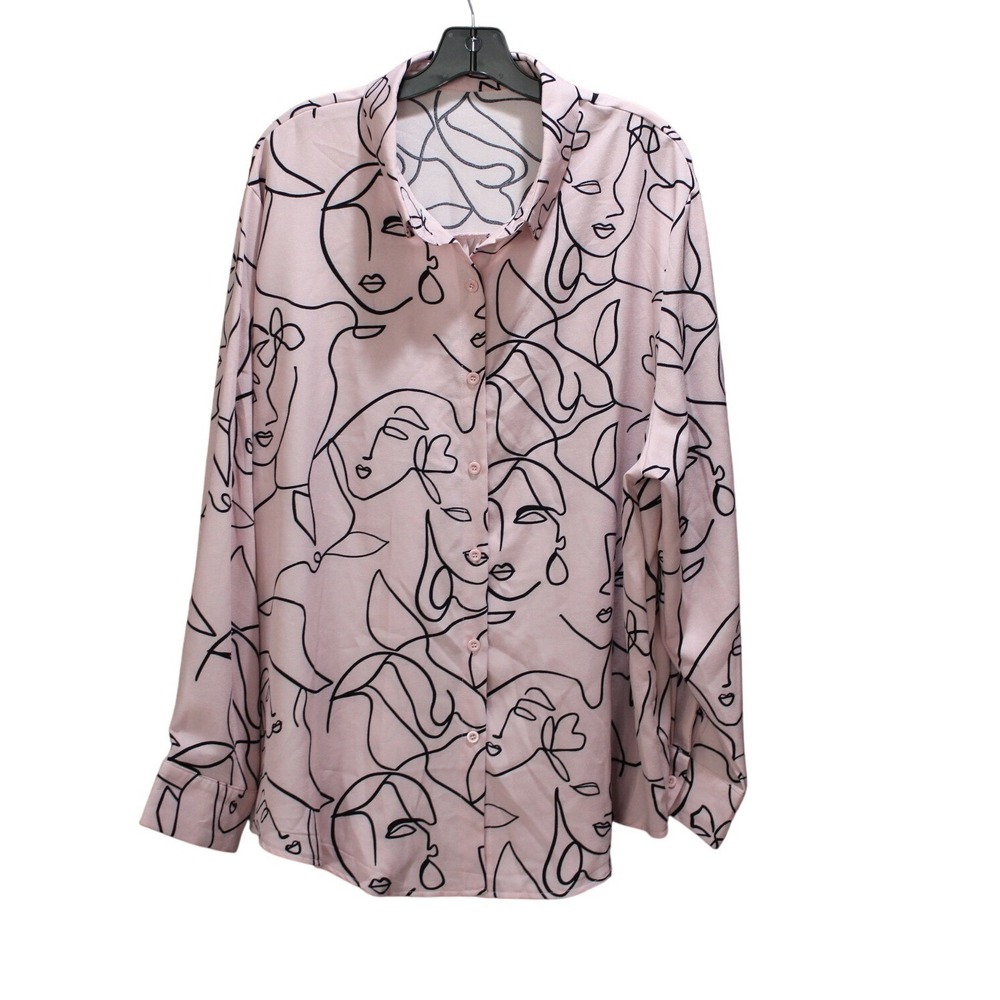 Shein Curve Pink Abstract Face Print Button Front Blouse 4XL (Fits XL XXL) - Picture 3 of 7